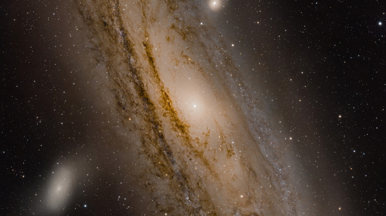 An image of the Andromeda Galaxy's yellowish swirling dust clouds