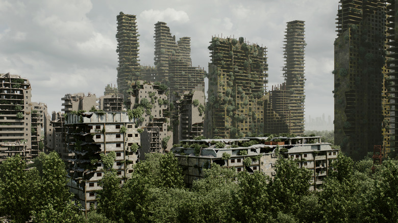 digital concept art of abandoned city being reclaimed by nature