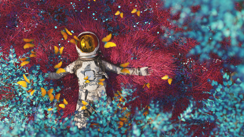 astronaut lying in alien vegetation