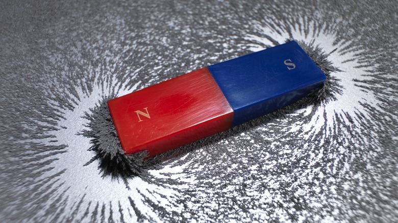 Iron filings around magnet illustrating magnetic fields