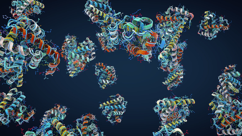 Illustration of protein molecules on dark blue background