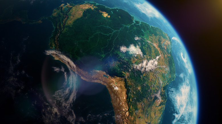 A digital rendering of South America from space showing swirling cloud systems and the curvature of the planet