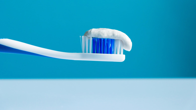 Toothpaste on a toothbrush close-up