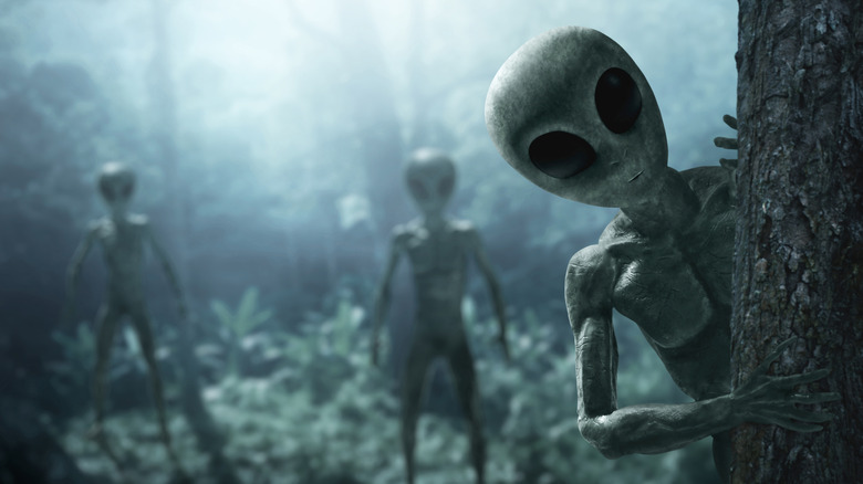 Alien in a forest poking its head around a tree and two other aliens blurred in the forest background