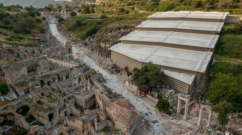 View of the Octagon in Ephesus along Curetes Street. Only the marble-clad base has survived.