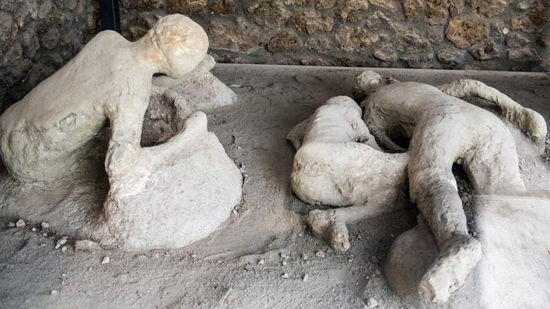 Three Pompeii casts resting on sand and rocks