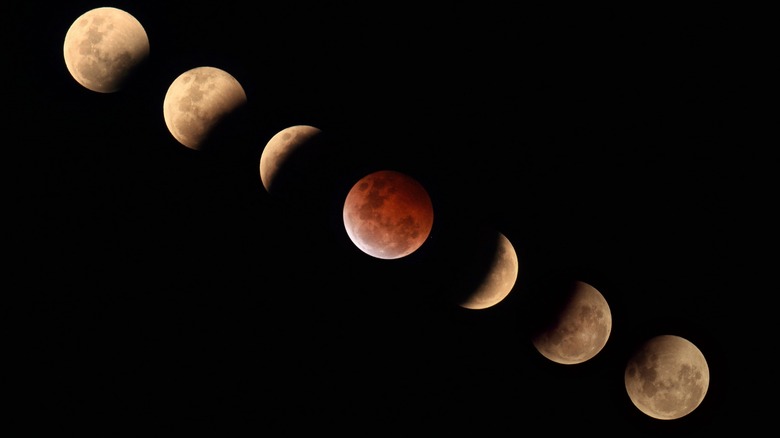 This is the lunar eclipse of 8 October 2014. The sequence is from start of the eclipse at top left, to end at lower right.