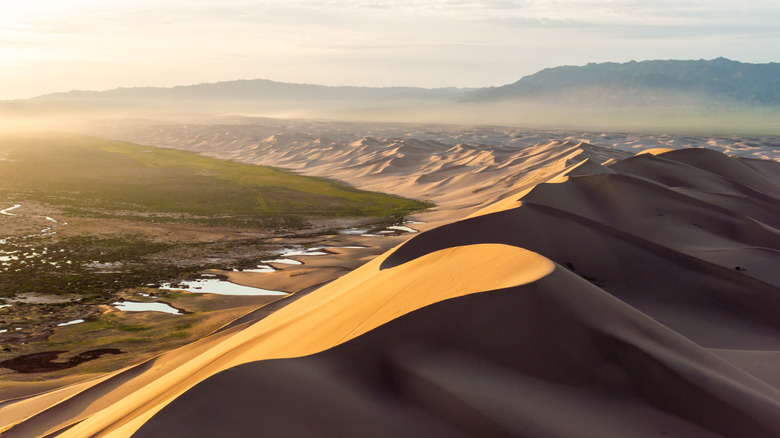 An aerial view of the gobi desert reveals sand dunes and grassy steppe with lakes beneath a sunrise