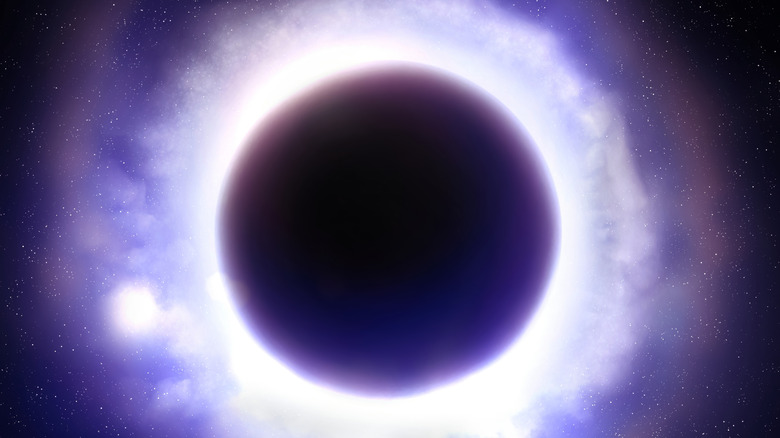 A black hole is outlined in purple glowing light