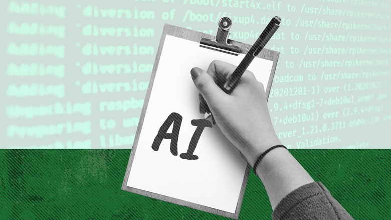 A hand writes the word "AI" on a piece of paper attached to a clipboard