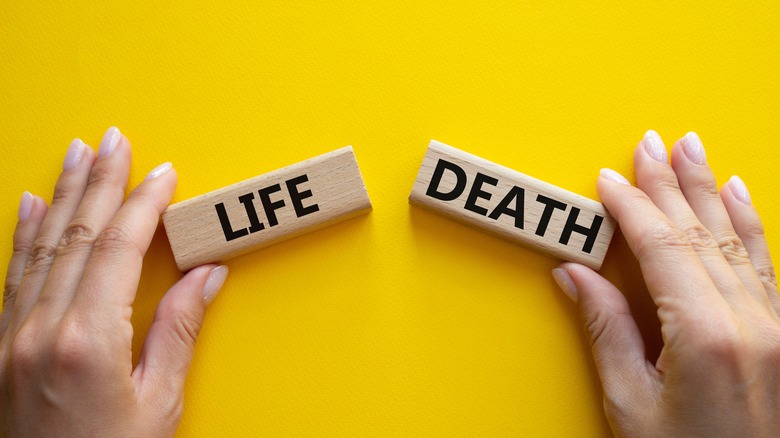 hands holding life and death blocks