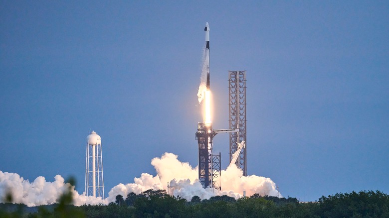 A rocket launching into space