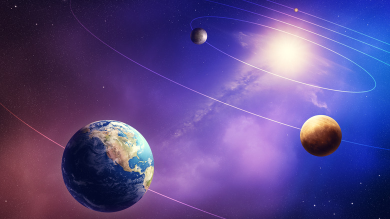 Orbits of the four inner planets around the Sun with Earth in the forefront and Mars in the foreground