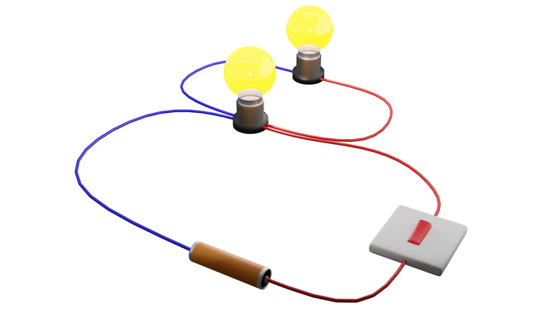 3D image of a parallel circuit with a battery cell, two resistors, and a switch