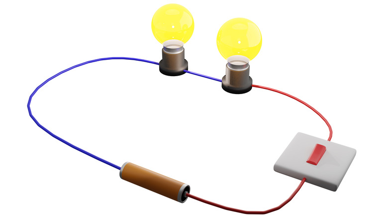 3D image of a series circuit with a battery cell, two resistors, and a switch