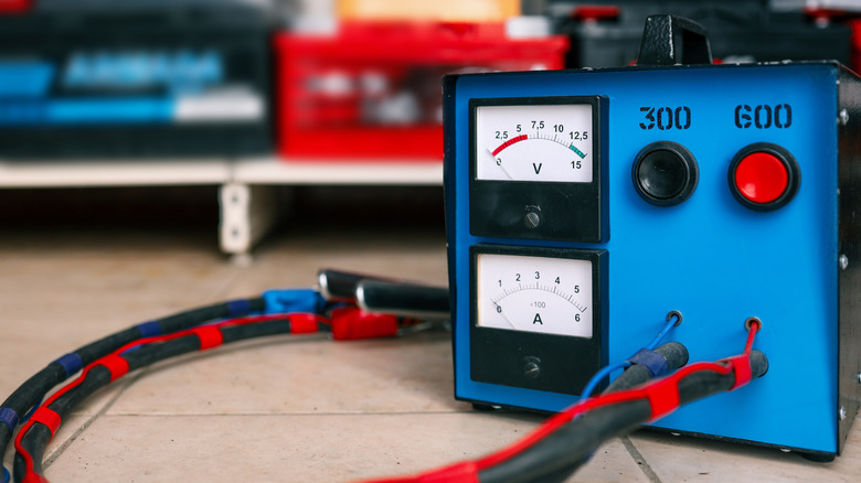 Blue voltmeter and ammeter in garage