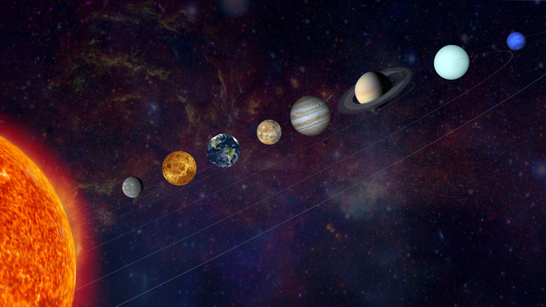 Image of solar system with planets in a straight line