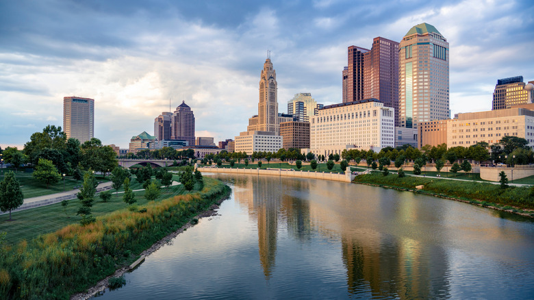 The Columbus, Ohio cityscape is seen in the background with the Scioto river in the foreground