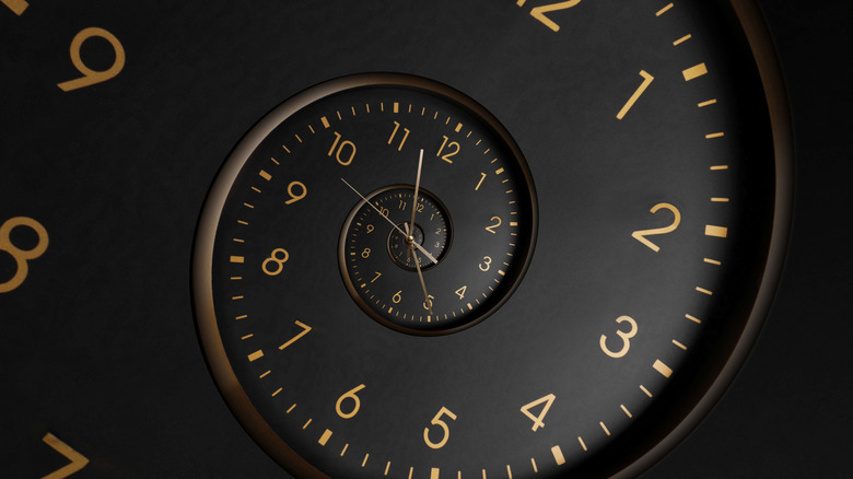 A black clock face with gold numbers face is shown spiralling in on itsefl