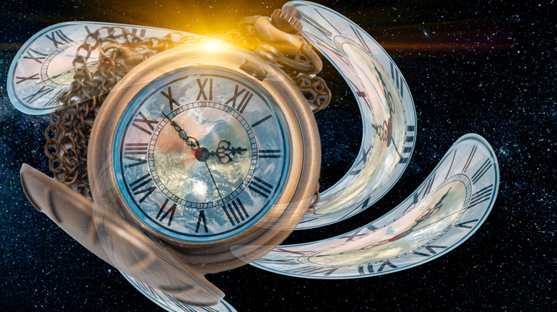 A pocket watch is shown floating in space with warped versions of the clock face surrounding it