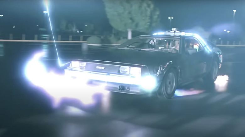 The Delorean prepares to travel back in time in Back to the Future