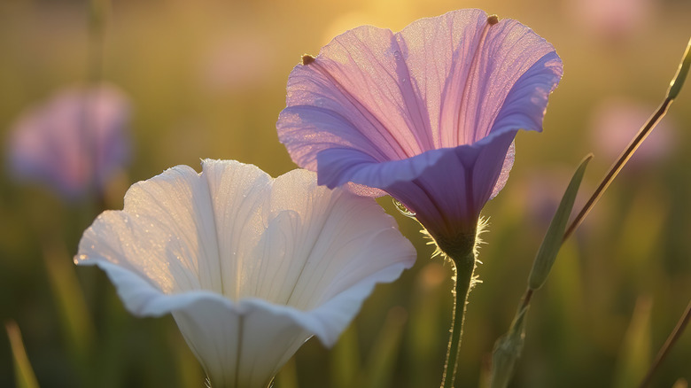 Purple and white flower against blurred background