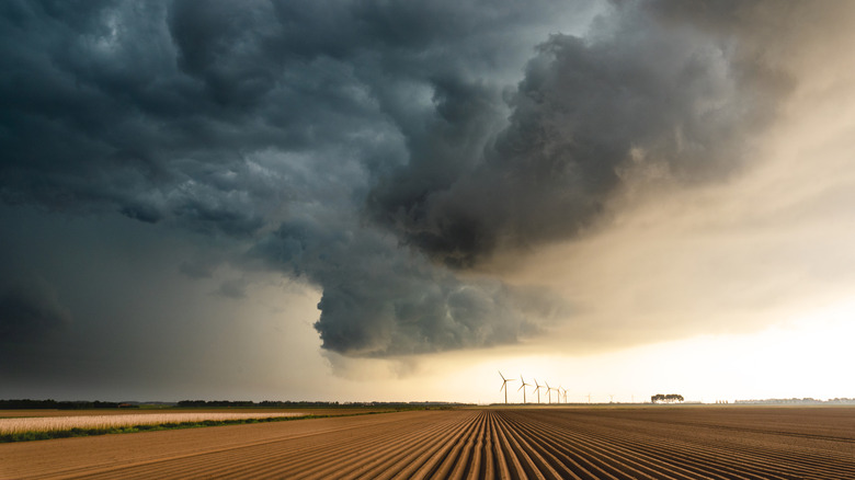 Dark storm clouds gathering over farmlands