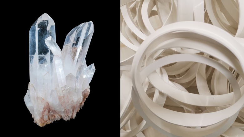 Side by side photos of quartz crystal and silicone rubber bands