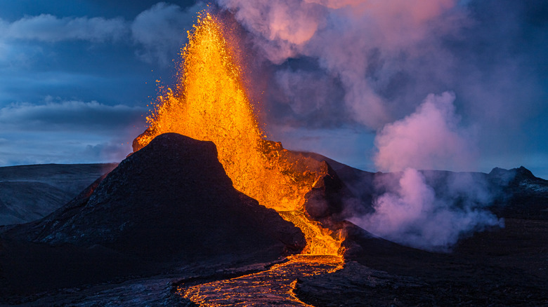 Magma bursting out of volcano during an eruption