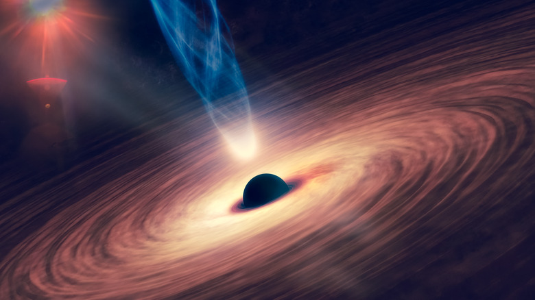 Black hole with nebula over colorful stars and cloud fields in outer space