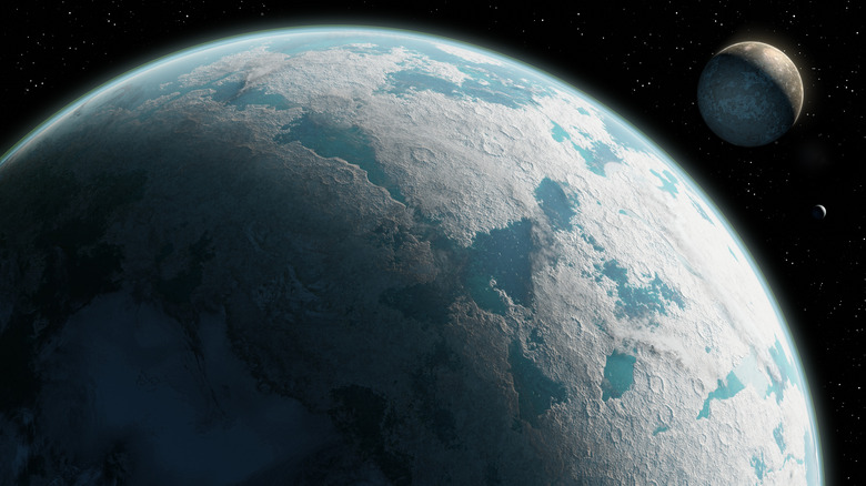 A digital rendering of an ice-covered planet with white-ish continents, blue oceans, and a heavily cratered surface with a small moon in the upper right corner