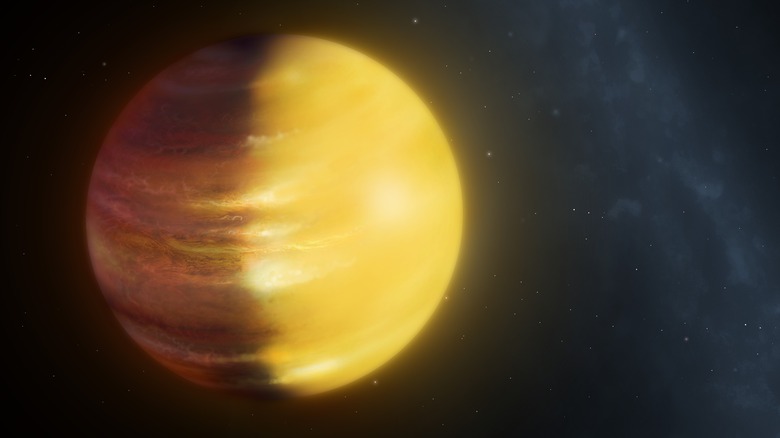 A rust- yellow and orange gas giant floats in space with turbulent weather patterns rippling across its surface