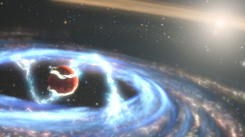 A digital rendering of a red-orb amidst a glowing blue accretion disk with a glowing white orange star in the background