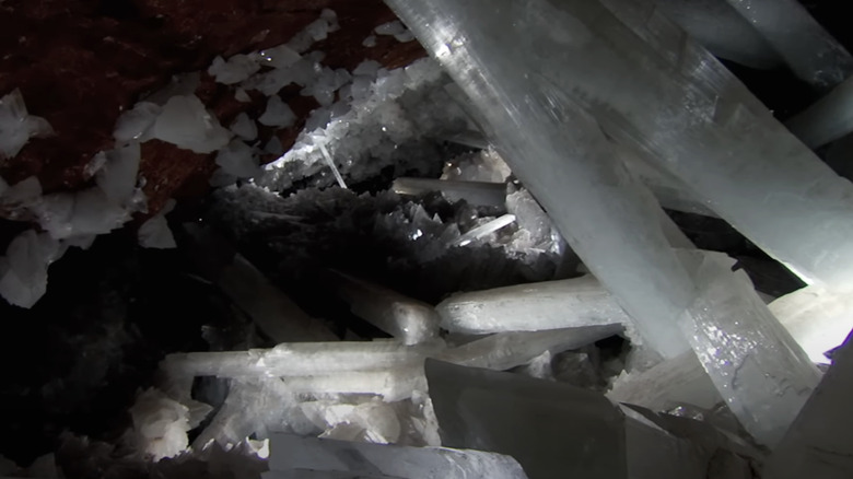 Giant Selenite crystals protrude from the walls of the cave of the crystals in the BBC's How Earth Made Us