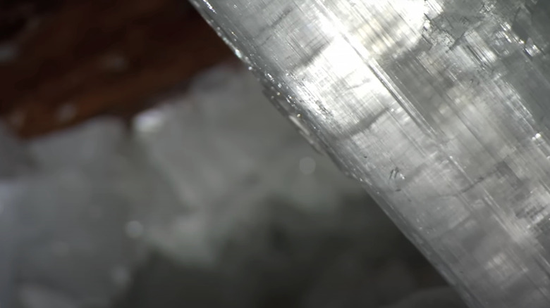 A closeup reveals the texture of a Selenite crystal in the Cave of the Crystals as seen in the BBC's How Earth Made Us