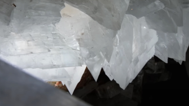 A collection of smaller Selenite crystals are seen on the walls of the cave of the crystals in the BBC's How Earth Made Us