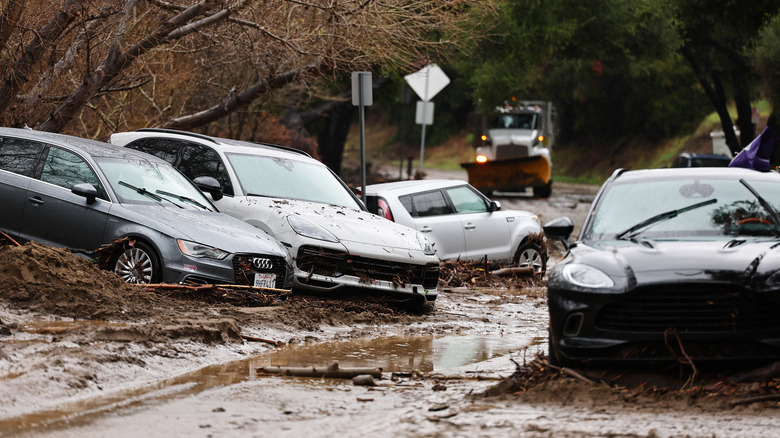 Cars trapped in flood from atmospheric river