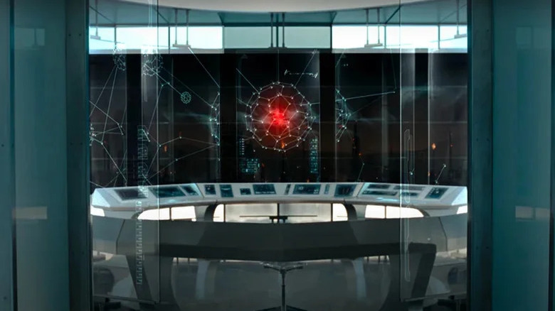 A red orb representing Skynet is suspended in front of a control bay in Terminator Salvation