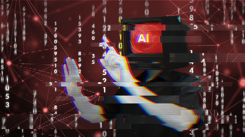 A man with a monitor for a head that reads AI holds up his arms against a red background