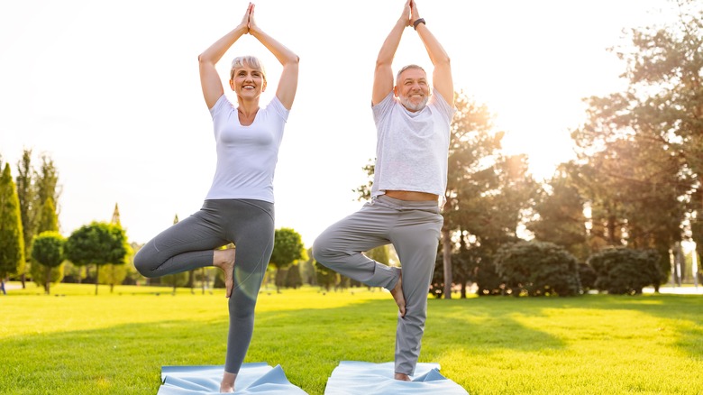 Senior couple balancing on one leg while practicing yoga in a park