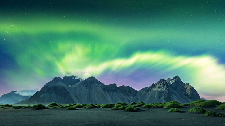 a horizontal wave of green light above majestic mountains and green tufts of grass in the night