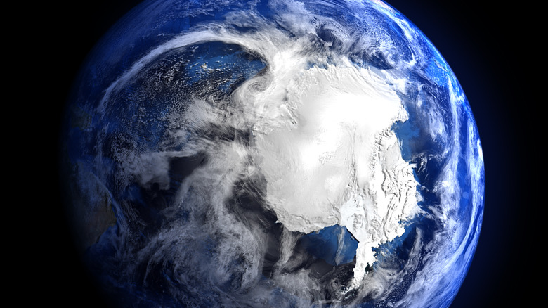 Satellite image of Antarctica from space with swirling weather systems