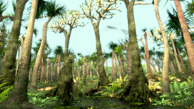 A computer render shows plants and vegetation during the Carboniferous Period