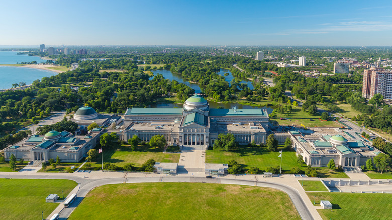 Front, aerial view of Griffin Museum of Science and Industry with Jackson (Andrew) Park and city in the background