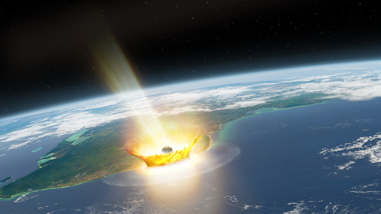 This artistic rendition of a meteorite impact on Earth viewed from space shows the first moments of destruction