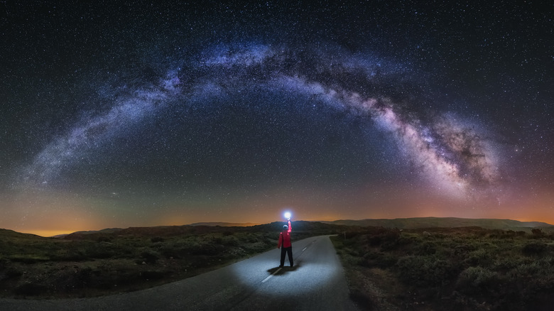 A person stands in a road with a flashlight under millions of stars and purple gas clouds of the Milky Way in the night sky