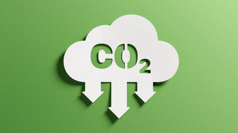 Cutout of CO2 in white cloud with downward arrows on green background