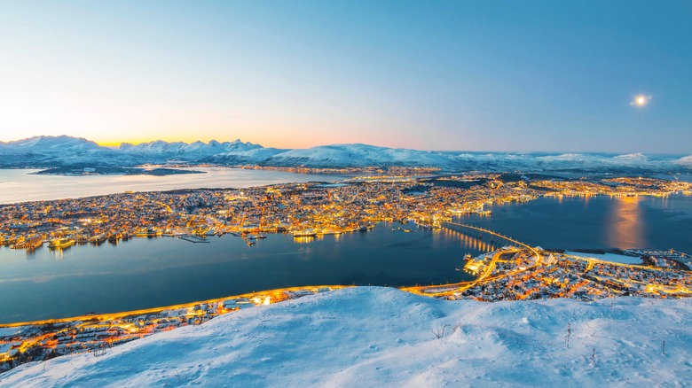 View of a seaside town at dawn in winter