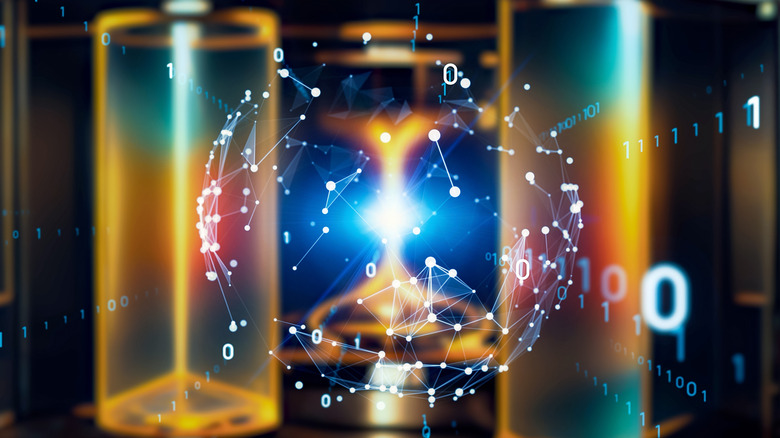 A render of a quantum computer shows a sphere made up on connected lines amid light refractions