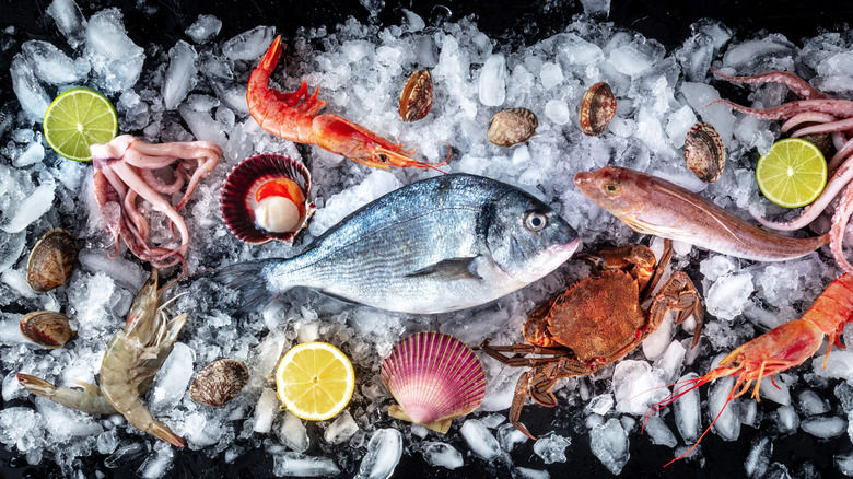 Variety of fresh seafood on ice